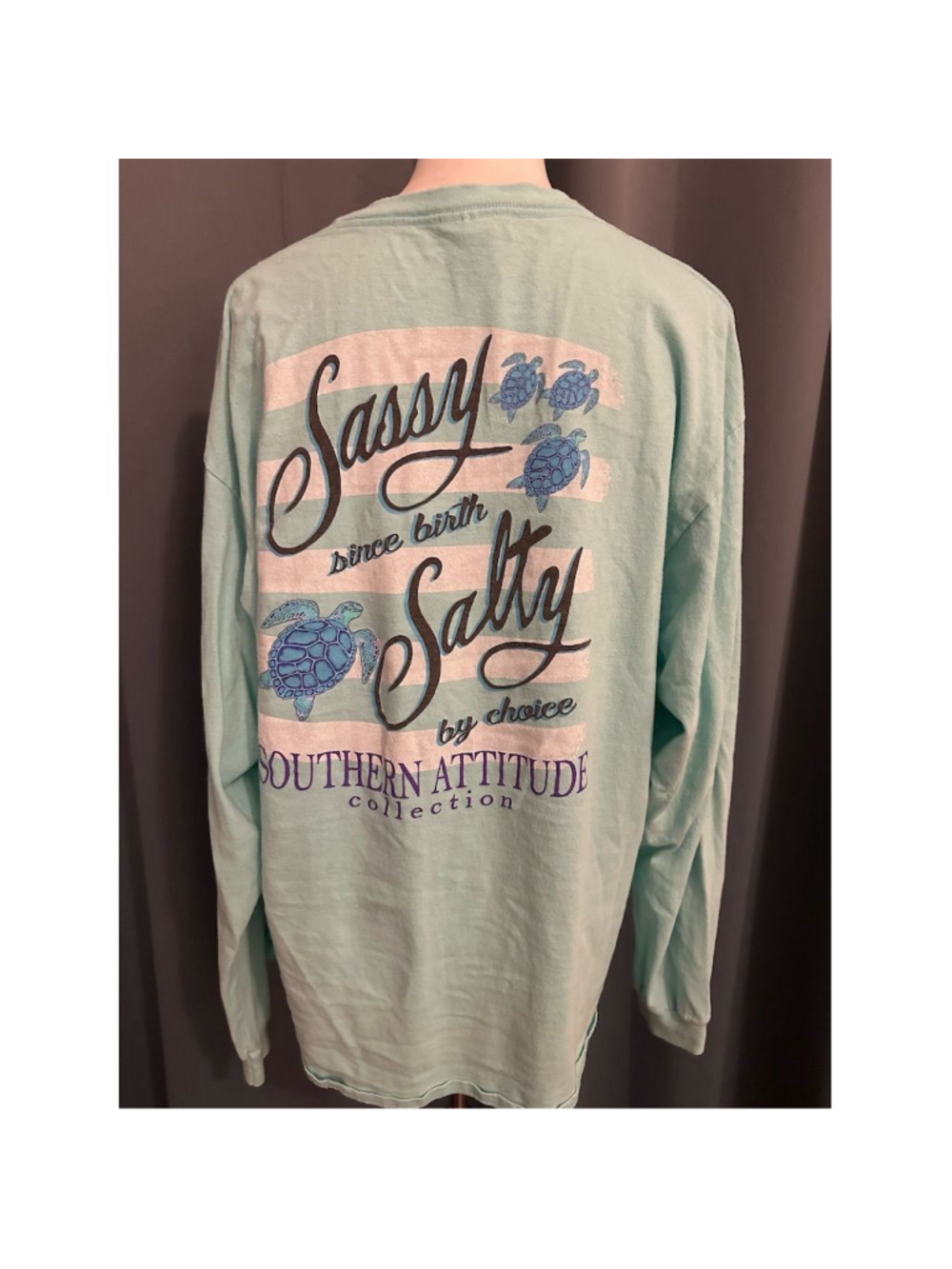 Southern Attitude Women's Long Sleeve XL Graphic Tee Green Sassy Sea Turtles